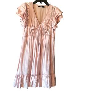Doe & Rae Pink Ruffle Sleeve Dress V-Neck‎ Crochet Trim Summer Dress Small